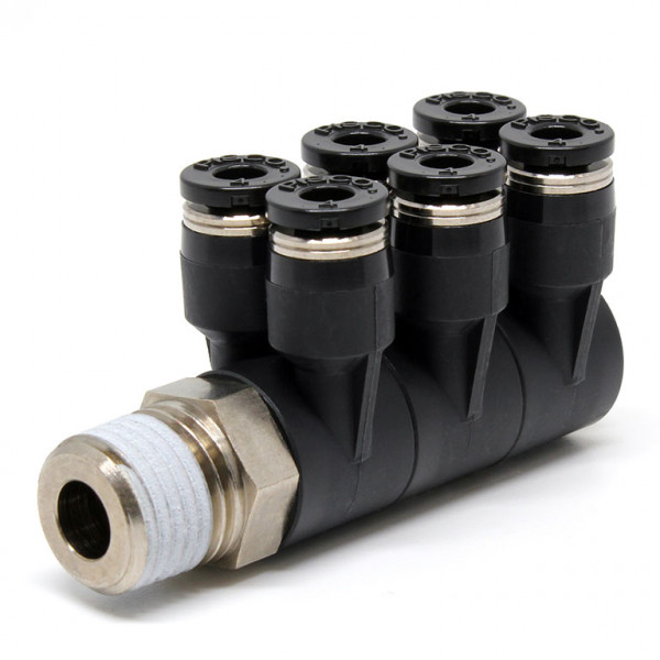 Đầu Nối Nhanh Khí Nén Sáu Nhánh Cong 90° Thân Lục Giác Trụ Ren Ngoài Pisco PAT4-02