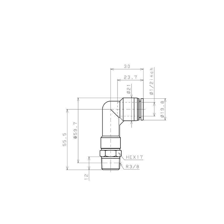 Bản vẽ kỹ thuật Đầu Nối Nhanh Khí Nén Dạng Cong 90° Ren Ngoài (Dài) Pisco PLL1/2-03W