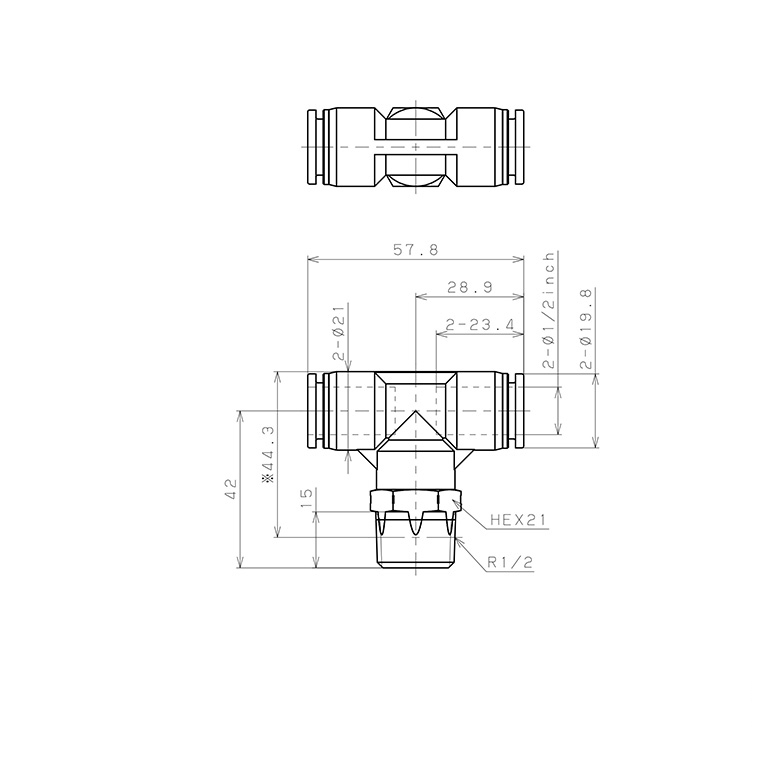 Bản vẽ kỹ thuật Đầu Nối Nhanh Khí Nén Dạng Chữ T Ren Ngoài Pisco PPB1/2-04SUS-HN