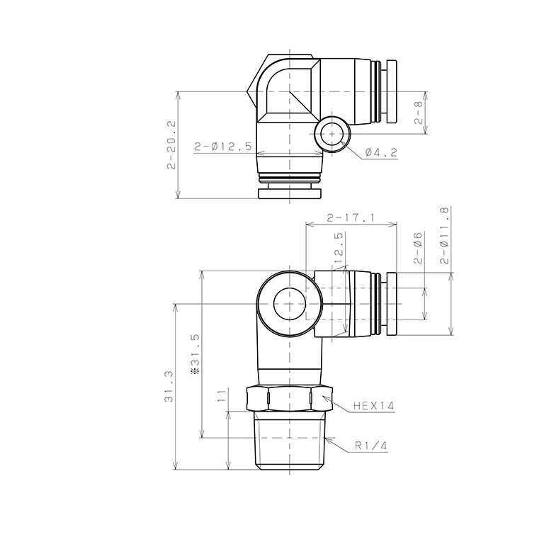 Bản vẽ kỹ thuật Đầu Nối Nhanh Khí Nén Hai Nhánh Chạc Ba Cong 90° Ren Ngoài Pisco PVX6-02SUS