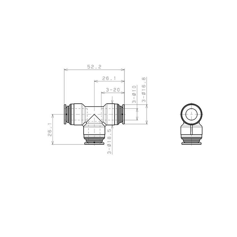 Bản vẽ kỹ thuật Đầu Nối Nhanh Khí Nén Chữ T Pisco KE10-1-F