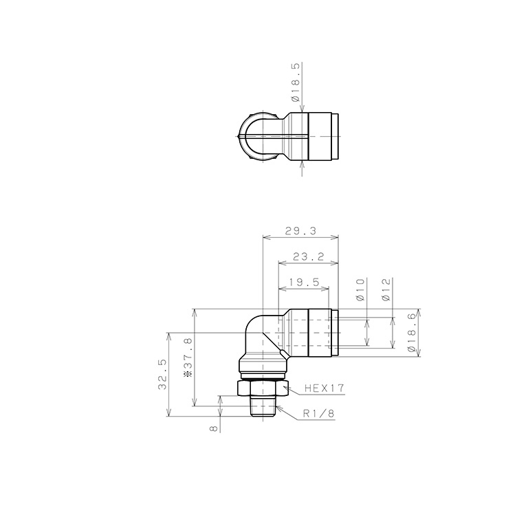 Bản vẽ kỹ thuật Đầu Nối Nhanh Khí Nén Dạng Cong 90° Ren Ngoài Pisco KL10-01-F