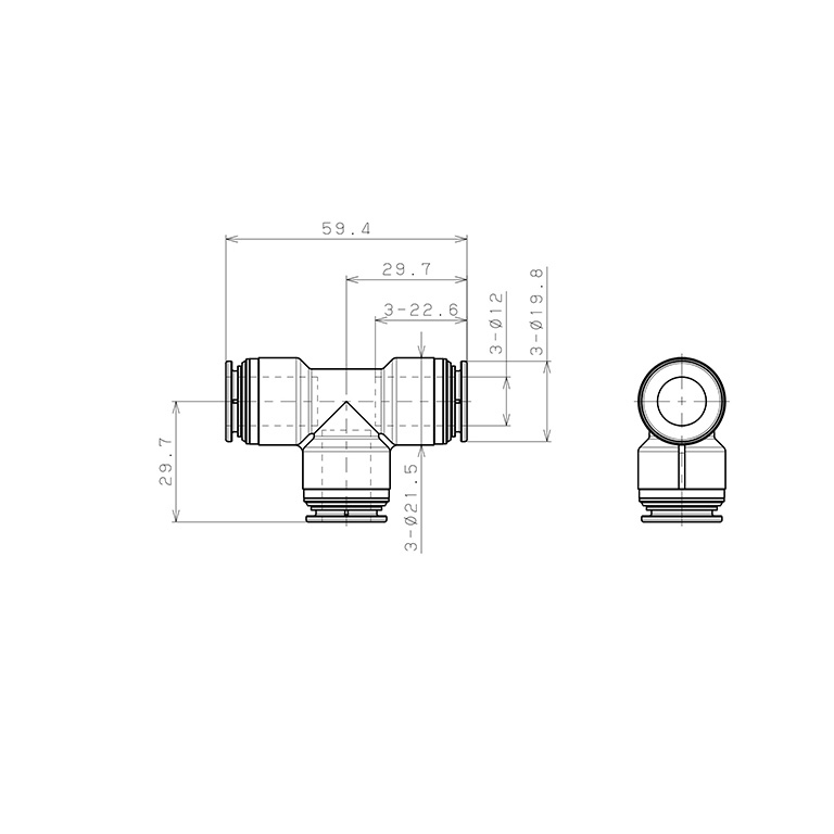 Bản vẽ kỹ thuật Đầu Nối Nhanh Khí Nén Chữ T Pisco KE12-1-F