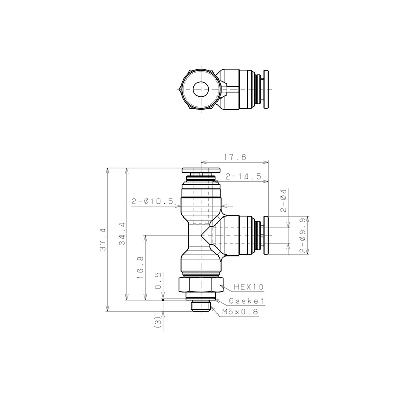 Bản vẽ kỹ thuật Đầu Nối Nhanh Khí Nén Dạng Chữ T Ren Ngoài Pisco KD4-M5-1-F