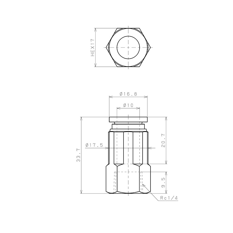 Bản vẽ kỹ thuật Đầu Nối Nhanh Khí Nén Dạng Thẳng Ren Trong Pisco SPCF10-02-UC