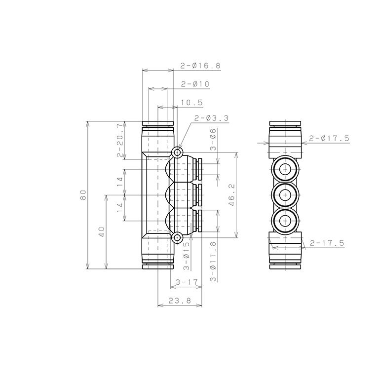 Bản vẽ kỹ thuật Đầu Nối Nhanh Khí Nén Chữ T 5 Ngã Dạng Nối Giảm Pisco SPKG10-6
