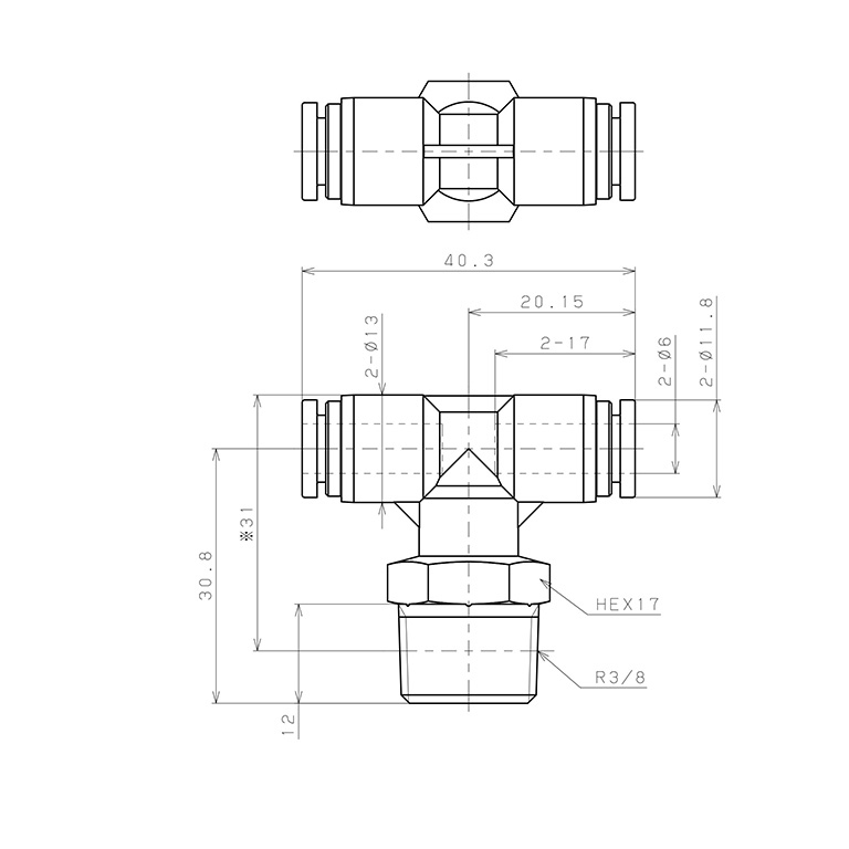 Bản vẽ kỹ thuật Đầu Nối Nhanh Khí Nén Dạng Chữ T Ren Ngoài Pisco SPB6-03