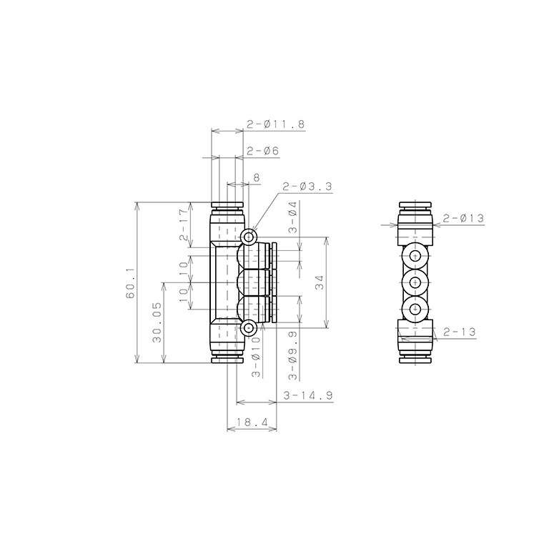 Bản vẽ kỹ thuật Đầu Nối Nhanh Khí Nén Chữ T 5 Ngã Dạng Nối Giảm Pisco SPKG6-4