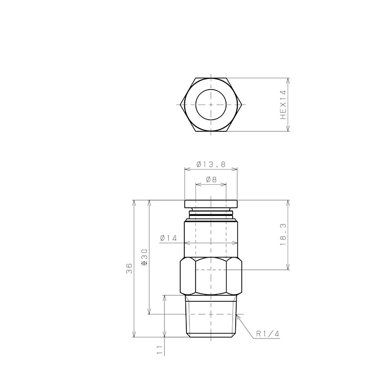Bản vẽ kỹ thuật Đầu Nối Nhanh Khí Nén Dạng Thẳng Ren Ngoài Có Van Tự Ngắt Pisco PSC8-02