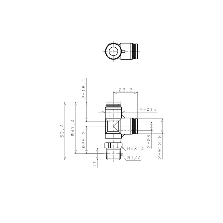 Bản vẽ kỹ thuật Đầu Nối Nhanh Khí Nén Dạng Chữ T Ren Ngoài Pisco PPD8-02-TP