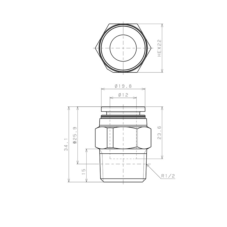 Bản vẽ kỹ thuật Đầu Nối Nhanh Khí Nén Dạng Thẳng Thân Lục Giác Ren Ngoài Pisco PPC12-04-F
