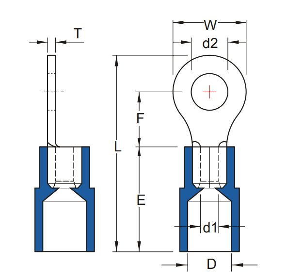 Bản vẽ kỹ thuật Đầu Cosse Tròn Cách Điện Màu Đỏ KST 1 mm2 RNYBS1-4