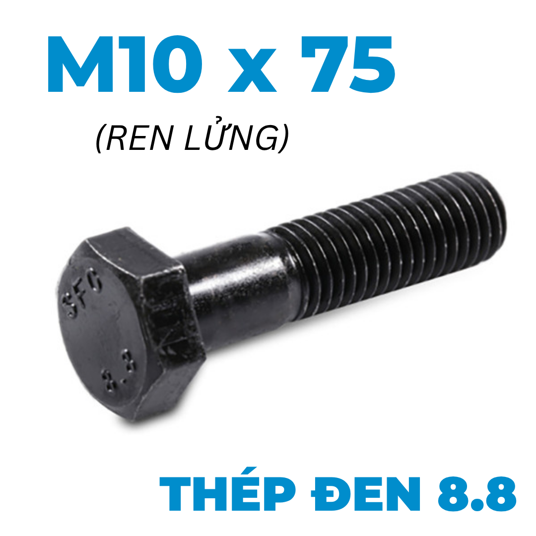 Bulong Thép Đen 8.8 DIN931 M10x75 Ren Lửng (AF16)