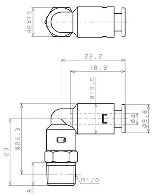 Bản vẽ kỹ thuật Đầu Nối Nhanh Khí Nén Dạng Cong 90° Ren Ngoài Pisco APL4-01-N-C