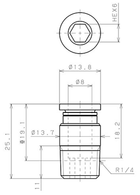 Bản vẽ kỹ thuật Đầu Nối Nhanh Khí Nén Thẳng Phi 8mm Ren Ngoài R1/4 Pisco POC8-02