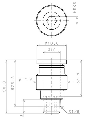 Bản vẽ kỹ thuật Đầu Nối Nhanh Khí Nén Thẳng Phi 10mm Ren Ngoài R1/8 Pisco POC10-01