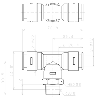 Bản vẽ kỹ thuật Đầu Nối Nhanh Khí Nén Dạng Chữ T Ren Ngoài Pisco APB12-03-C