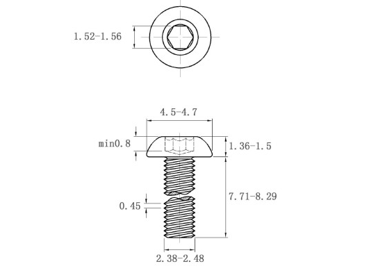 Bản vẽ kỹ thuật Lục Giác Chìm Mo Thép Đen 10.9 ISO7380 M2.5x8