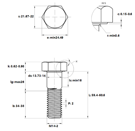 Bản vẽ kỹ thuật Bulong Thép Đen 10.9 DIN931 M14x60 Ren Lửng