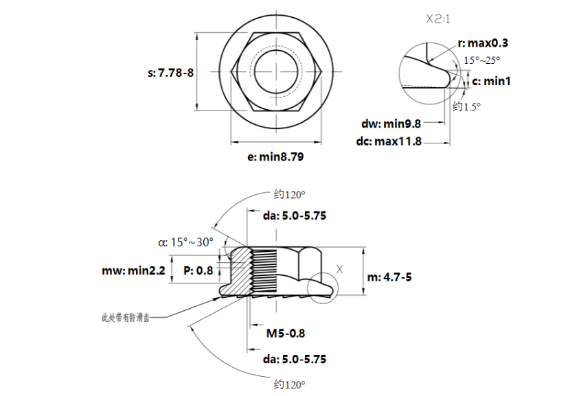 Bản vẽ kỹ thuật Tán Khía Thép Mạ Kẽm Trắng Cr3+ 8.8 DIN6923 M5