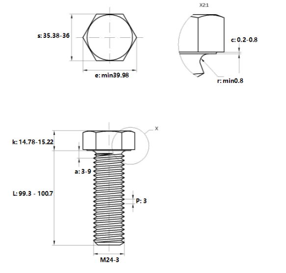 Bản vẽ kỹ thuật Bulong Mạ Kẽm 8.8 DIN933 M24x100