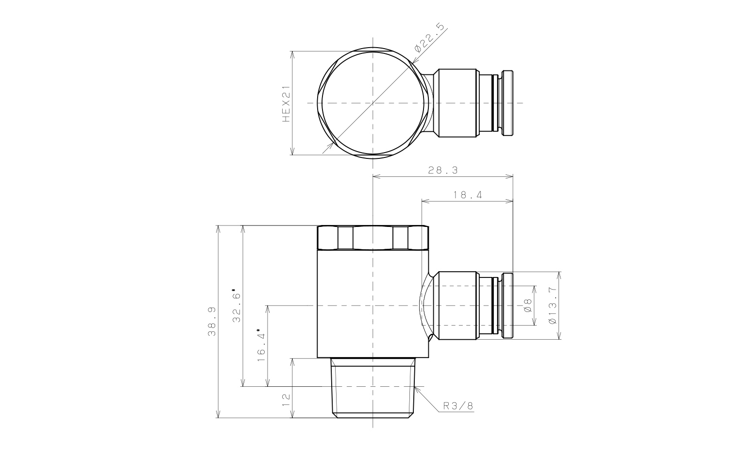 Bản vẽ kỹ thuật Đầu Nối Nhanh Khí Nén Cong 90° Đầu Lục Giác Trụ Ren Ngoài Pisco KH8-03-1-F