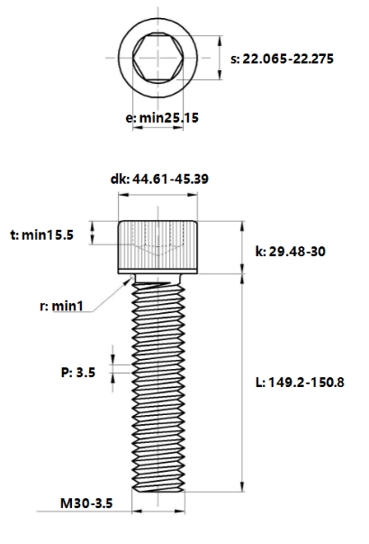 Bản vẽ kỹ thuật Lục Giác Chìm Đầu Trụ Thép Đen 12.9 DIN912 M30x150