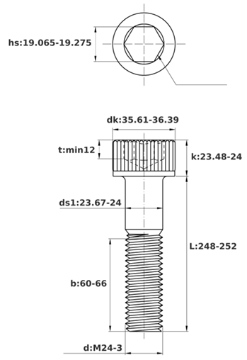 Bản vẽ kỹ thuật Lục Giác Chìm Đầu Trụ Thép Đen 12.9 DIN912 M24x250 Ren Lửng