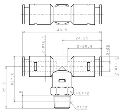 Bản vẽ kỹ thuật Đầu Nối Nhanh Khí Nén Dạng Chữ T Ren Ngoài Pisco APB6-01-N-C