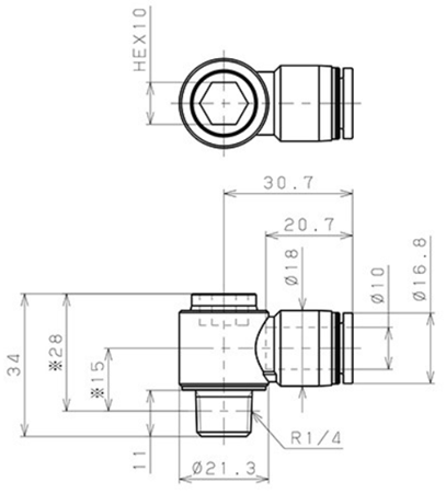 Bản vẽ kỹ thuật Đầu Nối Nhanh Khí Nén Dạng Cong 90° Đầu Lục Giác Chìm Ren Ngoài Pisco POL10-02