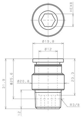 Bản vẽ kỹ thuật Đầu Nối Nhanh Khí Nén Thẳng Phi 12mm Ren Ngoài R3/8 Pisco POC12-03