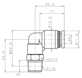Bản vẽ kỹ thuật Đầu Nối Nhanh Khí Nén Cong 90° Phi 6mm Ren Ngoài R1/8 Pisco PL6-01