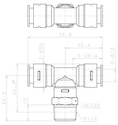 Bản vẽ kỹ thuật Đầu Nối Nhanh Khí Nén Dạng Chữ T Ren Ngoài Pisco APB12-04