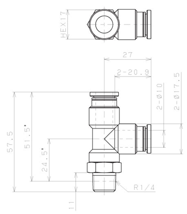 Bản vẽ kỹ thuật Đầu Nối Nhanh Khí Nén Dạng Chữ T Ren Ngoài Pisco KD10-02-1-F