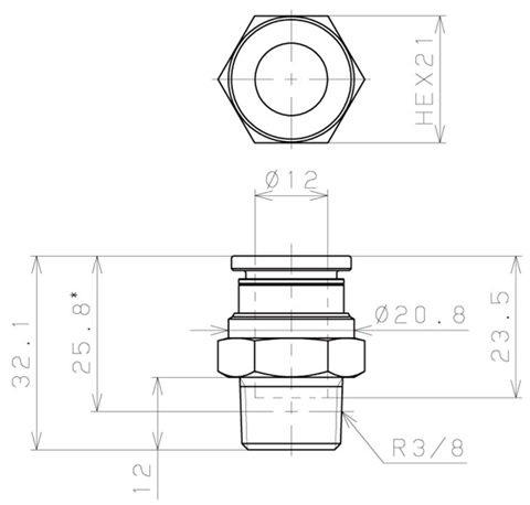 Bản vẽ kỹ thuật Đầu Nối Nhanh Khí Nén Dạng Thẳng Thân Lục Giác Ren Ngoài Pisco KC12-03-1-F