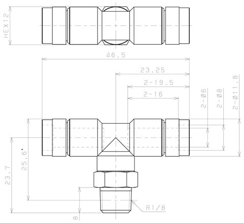 Bản vẽ kỹ thuật Đầu Nối Nhanh Khí Nén Dạng Chữ T Ren Ngoài Pisco KB6-01