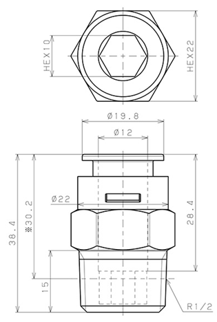 Bản vẽ kỹ thuật Đầu Nối Nhanh Khí Nén Dạng Thẳng Thân Lục Giác Ren Ngoài Pisco APC12-04-TP-C