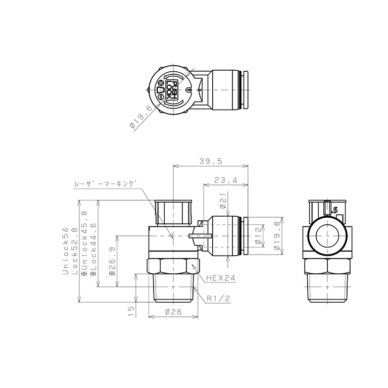 Bản vẽ kỹ thuật Van Tiết Lưu Khí Nén Loại Khóa Đẩy Có Hiển Thị Chỉ Số Pisco JSGC12-04BW