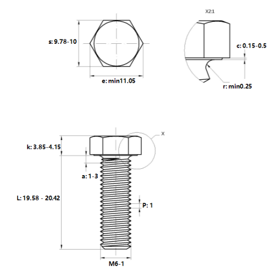 Bản vẽ kỹ thuật Bulong Thép Đen 8.8 DIN933 M6x20