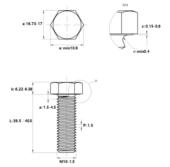 Bản vẽ kỹ thuật Bulong Mạ Kẽm Trắng Cr3+ 10.9 DIN933 M10x40