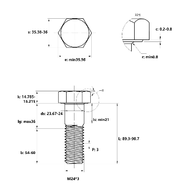 Bản vẽ kỹ thuật Bulong Nhúng Nóng 8.8 DIN931 M24x90 Ren Lửng
