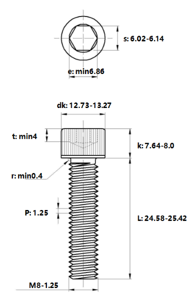 Bản vẽ kỹ thuật Lục Giác Chìm Đầu Trụ Thép Đen 12.9 DIN912 M8x25 (25Cái/Bịch)