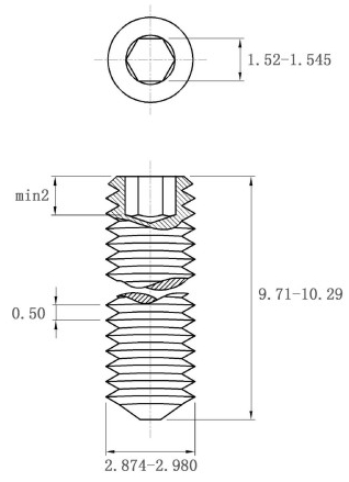 Bản vẽ kỹ thuật Vít Trí Đuôi Nhọn Thép Đen 10.9 DIN914 M3x10