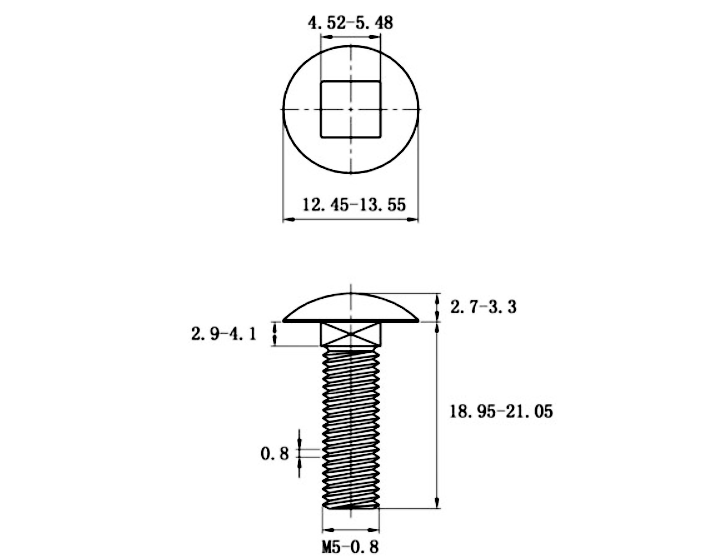 Bản vẽ kỹ thuật Bulong Cổ Vuông Thép Mạ Kẽm 4.8 DIN603 M5x20