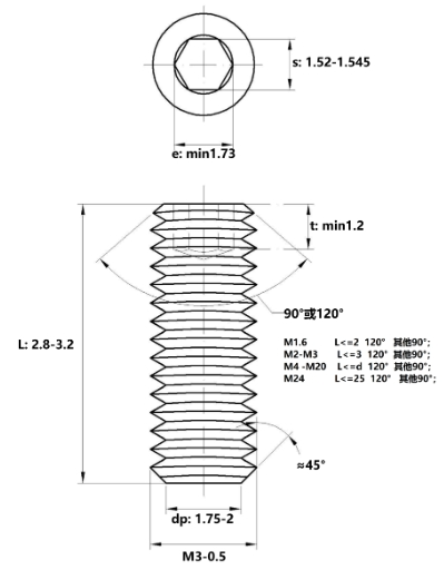 Bản vẽ kỹ thuật Vít Trí Đuôi Bằng Thép Đen 10.9 DIN913 M3x3