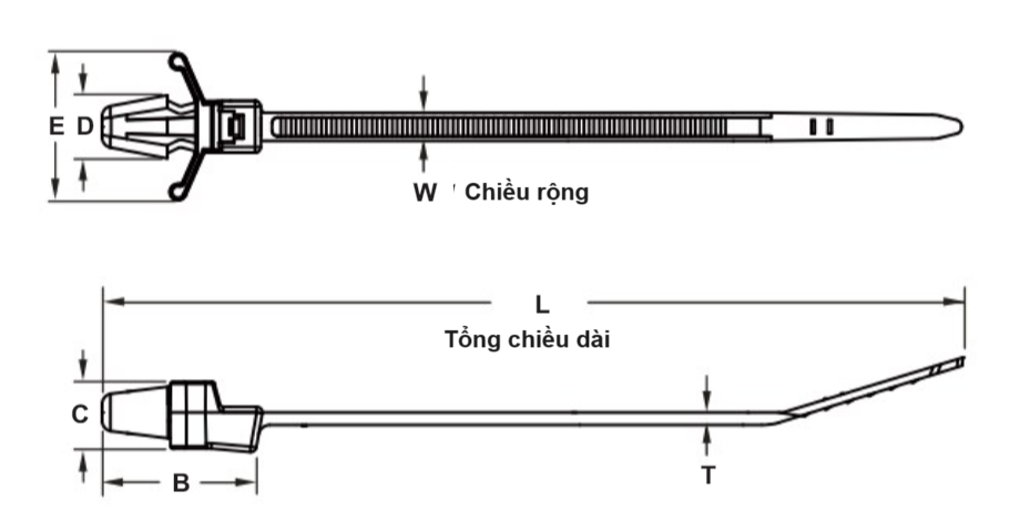 Bản vẽ kỹ thuật Dây Rút Nhựa Dạng Đẩy Push Mount Màu Trắng KST 134 x 4.8 mm KPM-130SD