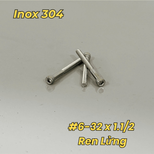 Lục Giác Chìm Đầu Trụ Inox 304 UNC #6-32 x 1.1/2 Ren Lửng