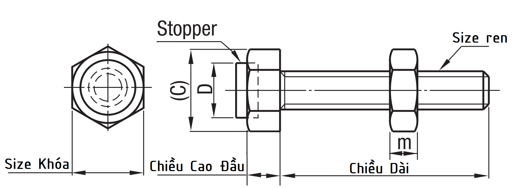 Bản vẽ kỹ thuật Stopper Bolt - Shoulder Type - Standard Straight Shape - Coarse UST10-40