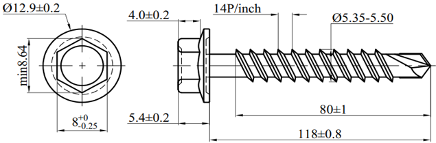 Bản vẽ kỹ thuật Vít Tôn Đầu Lục Giác MS-PRO 4.8x120mm (200 Cái)