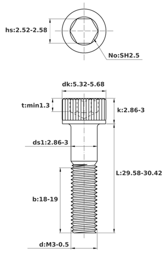 Bản vẽ kỹ thuật Lục Giác Chìm Đầu Trụ Thép Mạ Kẽm 12.9 DIN912 M3x30 Ren Lửng (50Cái/Bịch)